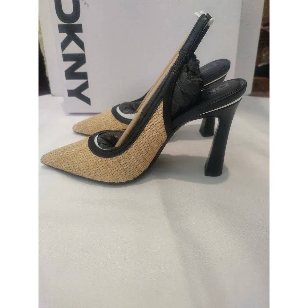 DKNY Cinette Slingback Pumps Natural Raffia Black Pointed Toe Heel K1526881 US 6 - Picture 2 of 8
